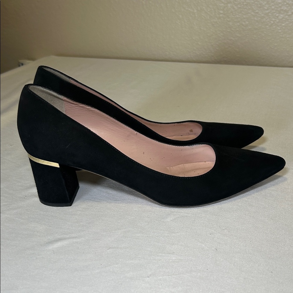 Kate Spade Slip On Suede Pointed Toe Gold Metal Detail Black Pumps Size 8.5M